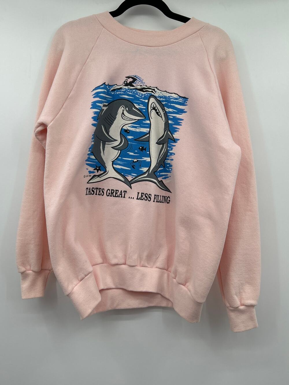 Vintage Pink Shark Sweatshirt Taste Great Less Filling 1989 Size XL Made In USA